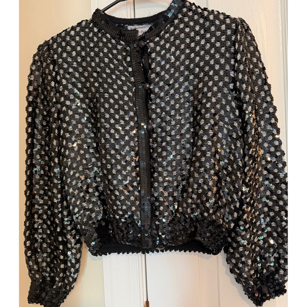 Vintage Three Flaggs California Sequin Bomber Jacket Black Silver Checkered XS